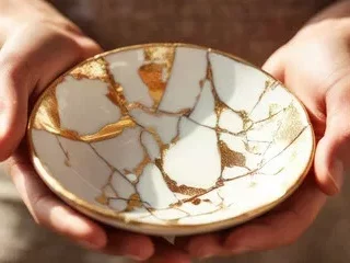 Bol en porcelaine réparé avec de l’or selon la technique du Kintsugi, tenu dans deux mains